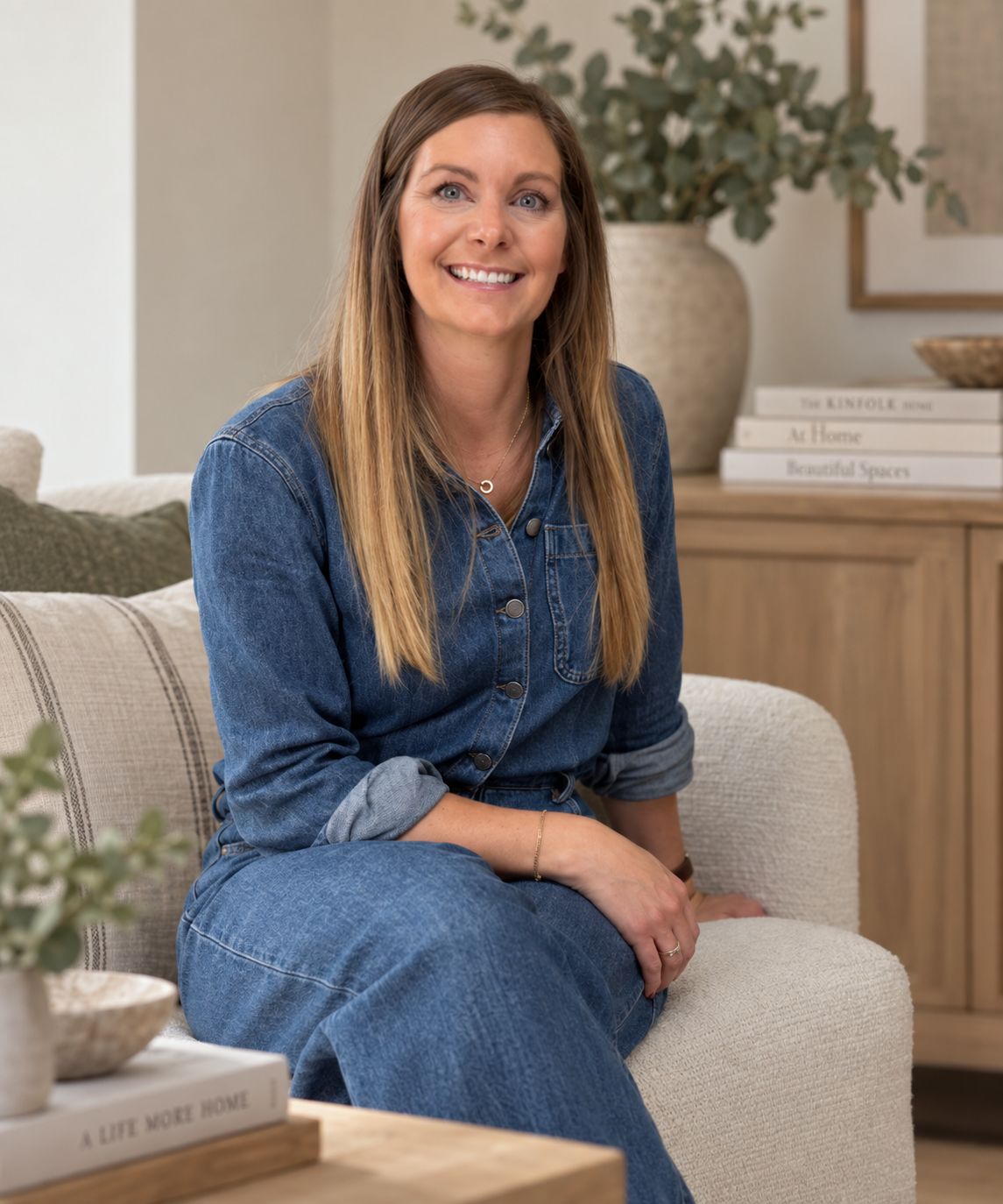 Katie Barley, interior designer, seated in a warmly styled living room