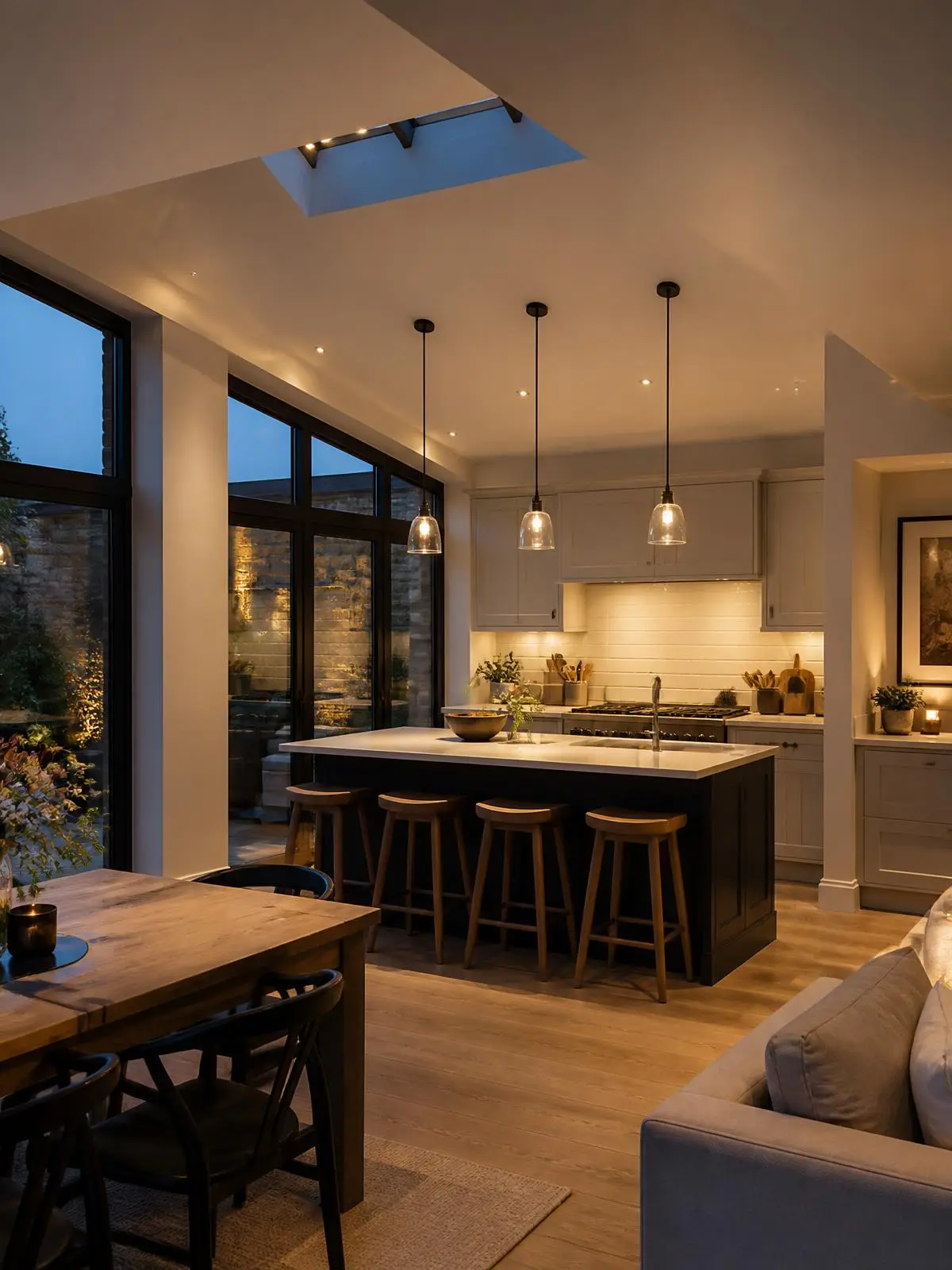 A modern kitchen extension illuminated with layered warm lighting and large windows
